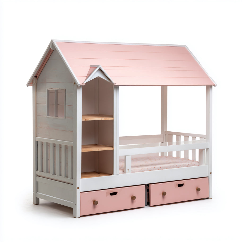 Letto per bambini-legno-MDF-140x88x176 cm-bianco-rosa-naturale-stile casetta con cassetti