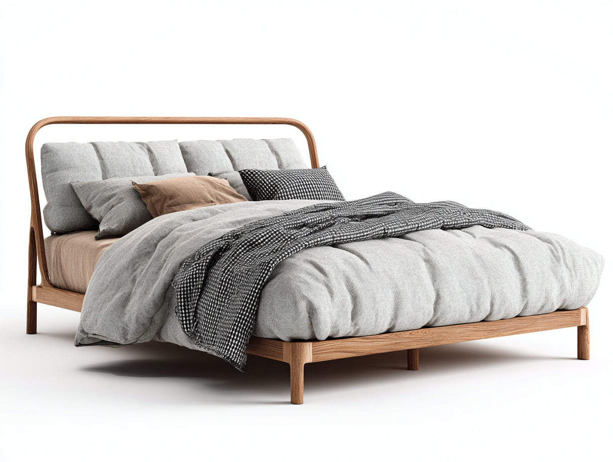 Letto matrimoniale - Legno-Tessuto - 212x172x108 cm - Grigio chiaro-Legno naturale - nordico moderno