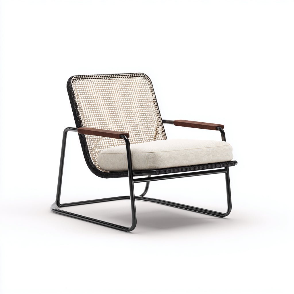 Poltrona da giardino - metallo - rattan - tessuto - 74x82x76 cm - nero-beige-noce - stile moderno