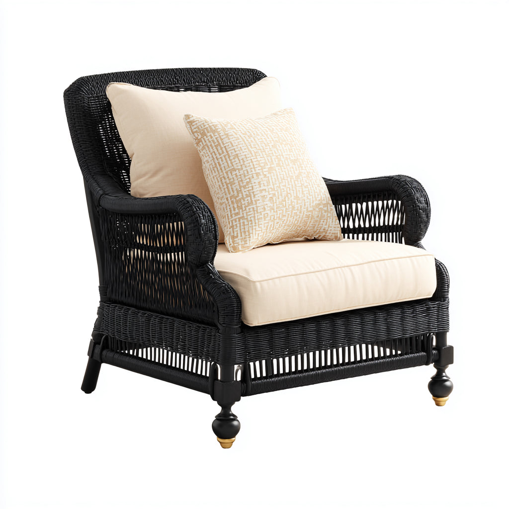 Poltrona da giardino-rattan-tessuto-82x78x88 cm-nero-beige-stile coloniale