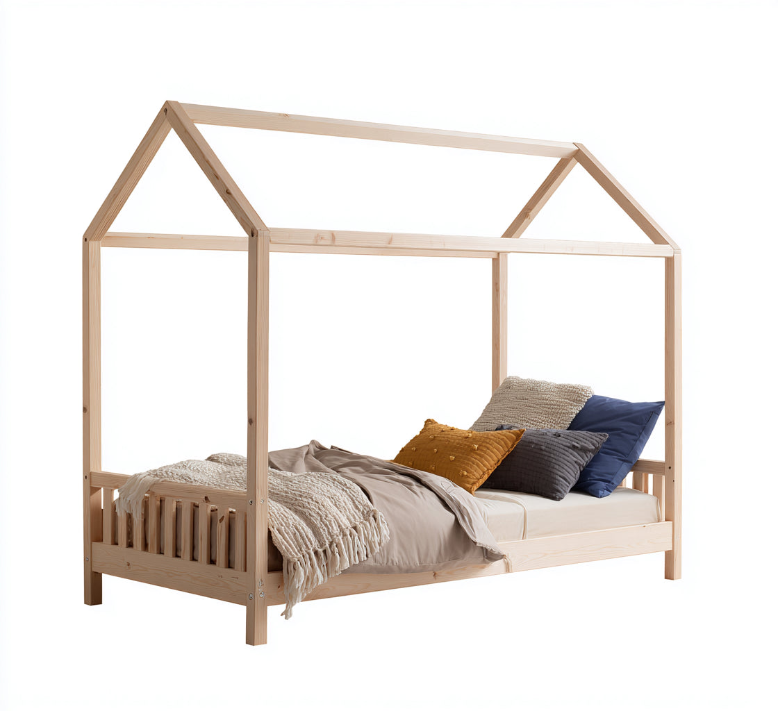 Letto per bambini-legno-140x82x160 cm-naturale-stile casetta Montessori