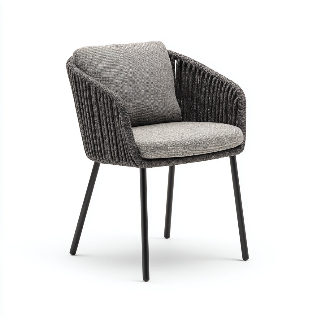 Poltrona da giardino - Corda-Tessuto-Metallo - 61x58x82 cm - Grigio-Nero - Moderno intrecciato