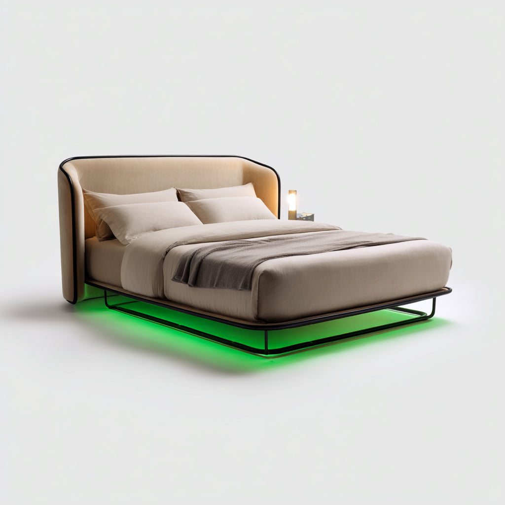Letto matrimoniale - Metallo-Tessuto - 214x174x112 cm - Beige-Nero-Verde - moderno con illuminazione LED