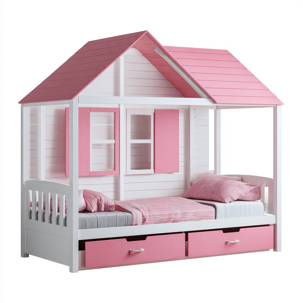 Letto per bambini-legno-MDF-160x90x178 cm-bianco-rosa-stile casetta con cassetti