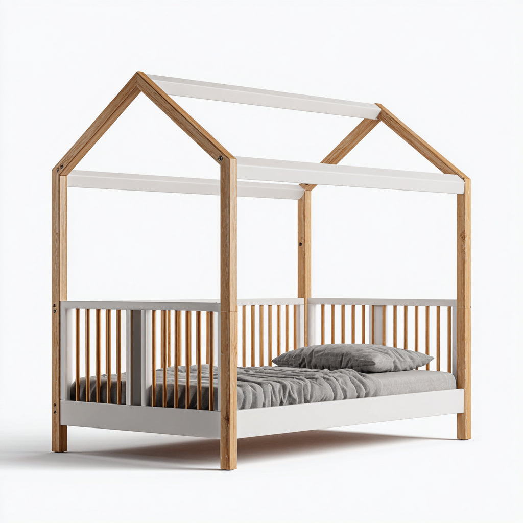 Letto per bambini-legno-MDF-140x82x164 cm-bianco-naturale-stile casetta Montessori