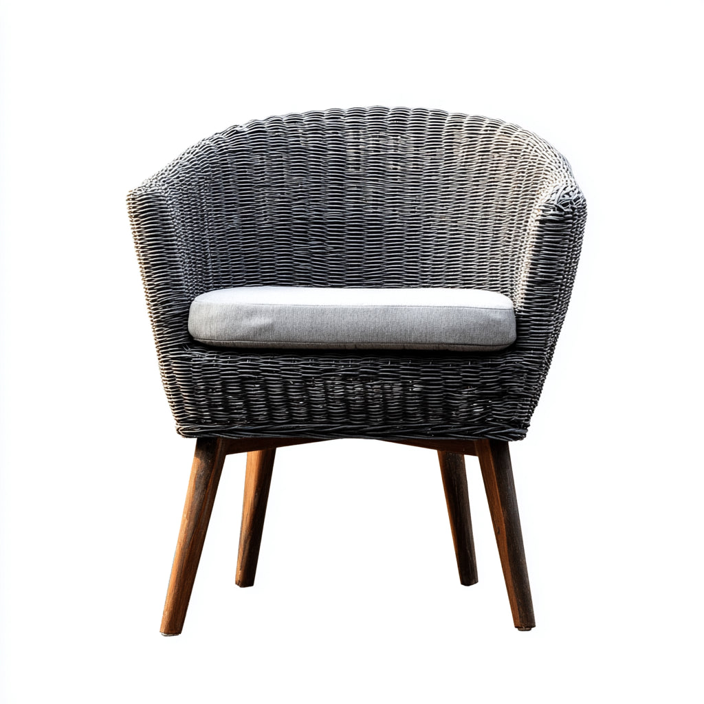 Poltrona da giardino-rattan-legno-tessuto-78x70x76 cm-nero-grigio-marrone-stile contemporaneo