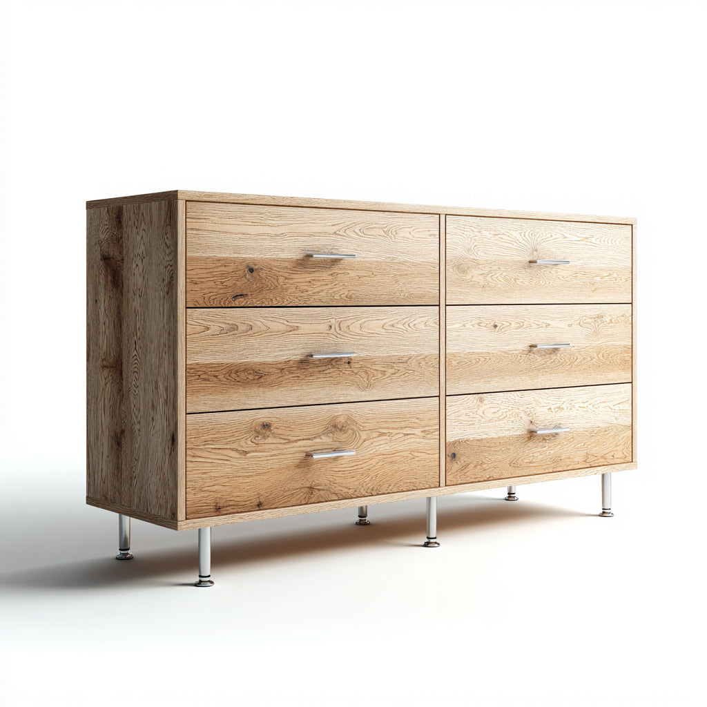 Cassettiera-Legno massello-Metallo-150x45x85 cm-Rovere naturale-Argento-Moderno