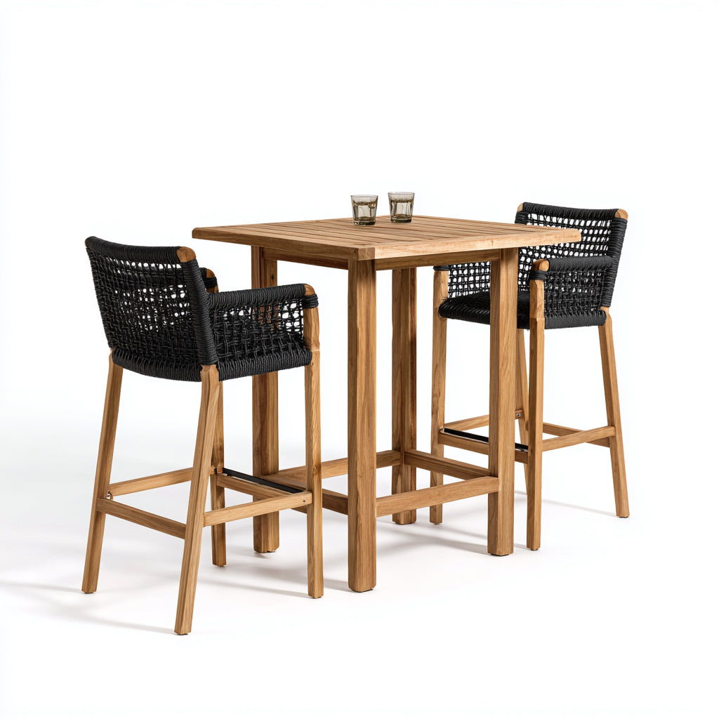 Set da pranzo da esterno - legno massello-rattan - 80x80x105 cm - rovere naturale-nero - stile bar da giardino