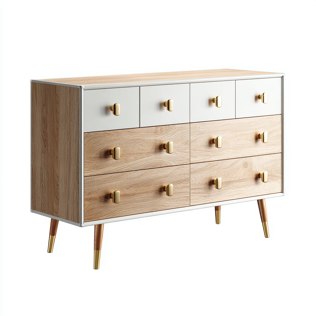 Cassettiera-MDF-Metallo-140x42x86 cm-Rovere naturale-Bianco-Oro-Retro moderno