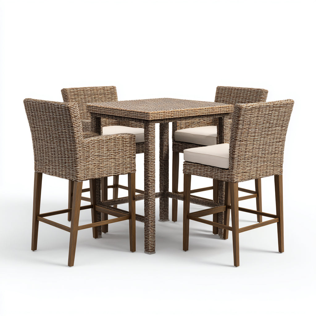 Set da pranzo da esterno - rattan sintetico-legno-tessuto - 100x100x105 cm - rattan naturale-noce-beige - stile bar da patio