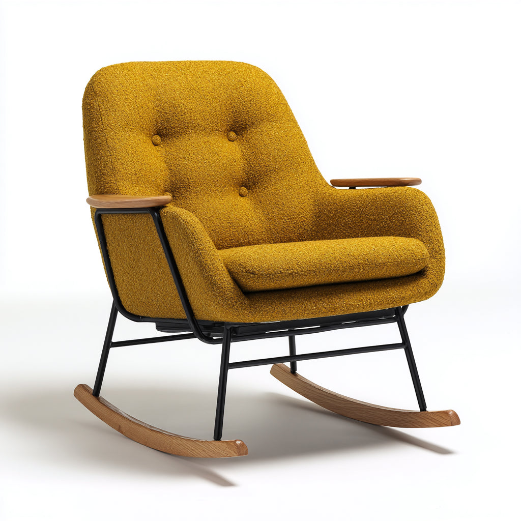 Sedia a dondolo-tessuto-metallo-legno-85x90x101 cm-giallo senape-nero-marrone-stile moderno rétro