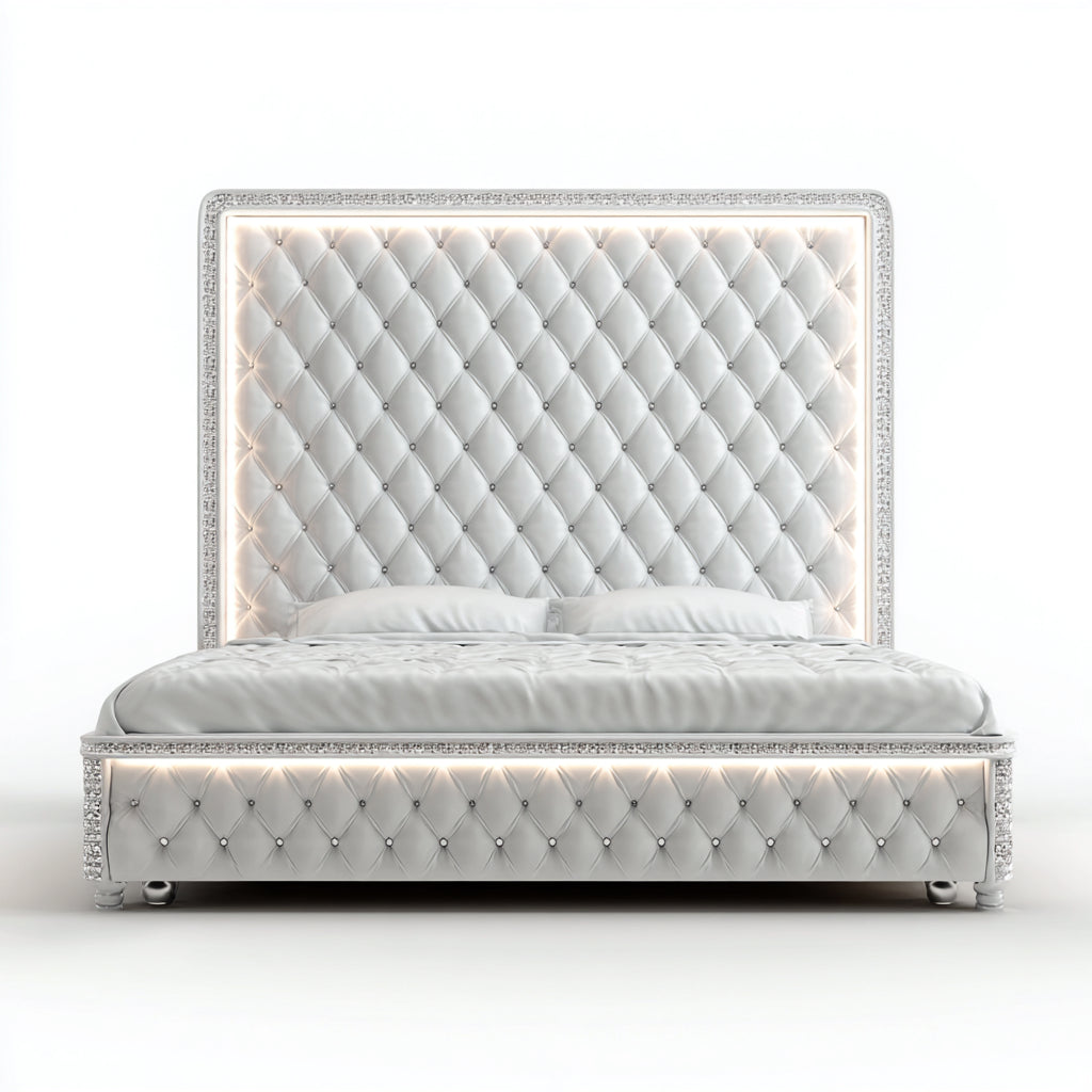 Letto matrimoniale-Ecopelle-Metallo-225x210x150 cm-Bianco-Argento-Stile glamour con LED