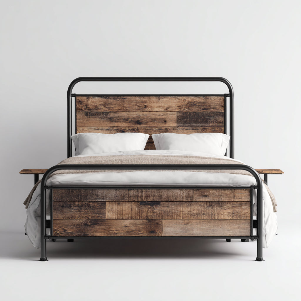Letto matrimoniale - Metallo-Legno - 207x166x115 cm - Nero-Rovere rustico - industriale moderno