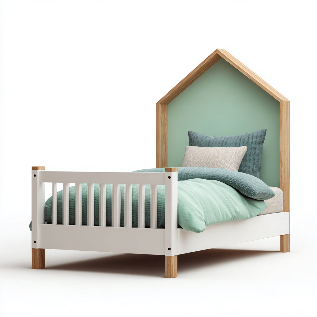 Letto per bambini-legno-MDF-160x82x145 cm-bianco-verde menta-naturale-stile casetta