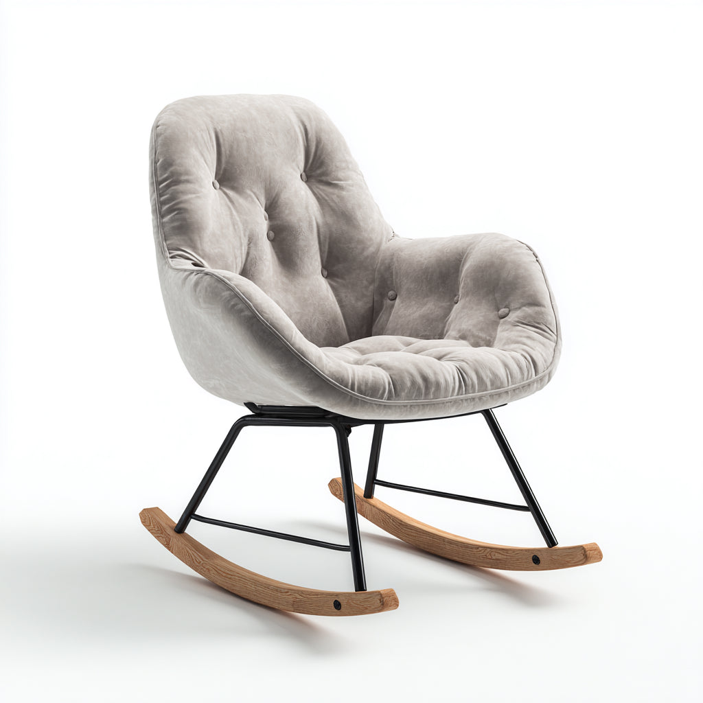Sedia a dondolo-velluto-metallo-legno-83x88x104 cm-grigio chiaro-nero-marrone-stile rétro elegante