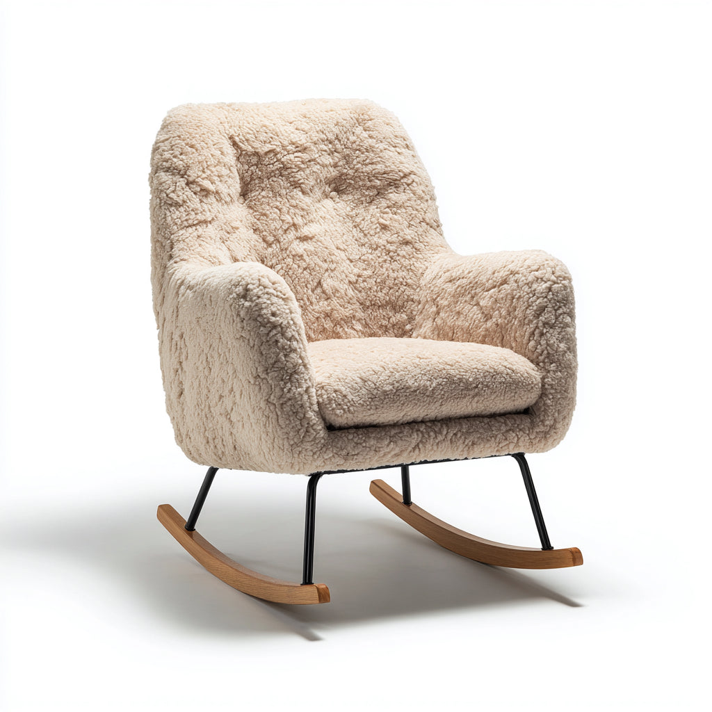 Sedia a dondolo-tessuto bouclé-metallo-legno-86x88x101 cm-beige-nero-marrone-stile rétro