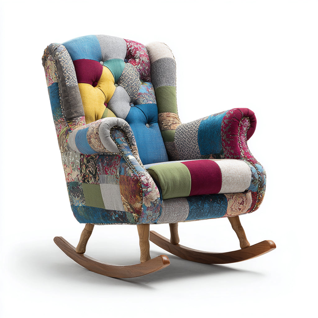Sedia a dondolo-tessuto-legno-86x92x108 cm-multicolore-marrone-stile patchwork rétro