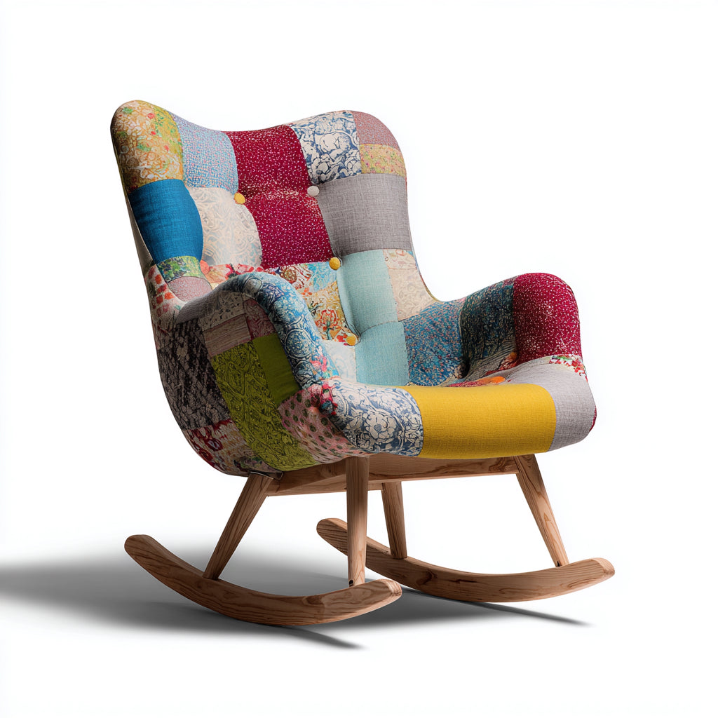 Sedia a dondolo-tessuto-legno-82x91x104 cm-multicolore-marrone-stile patchwork rétro