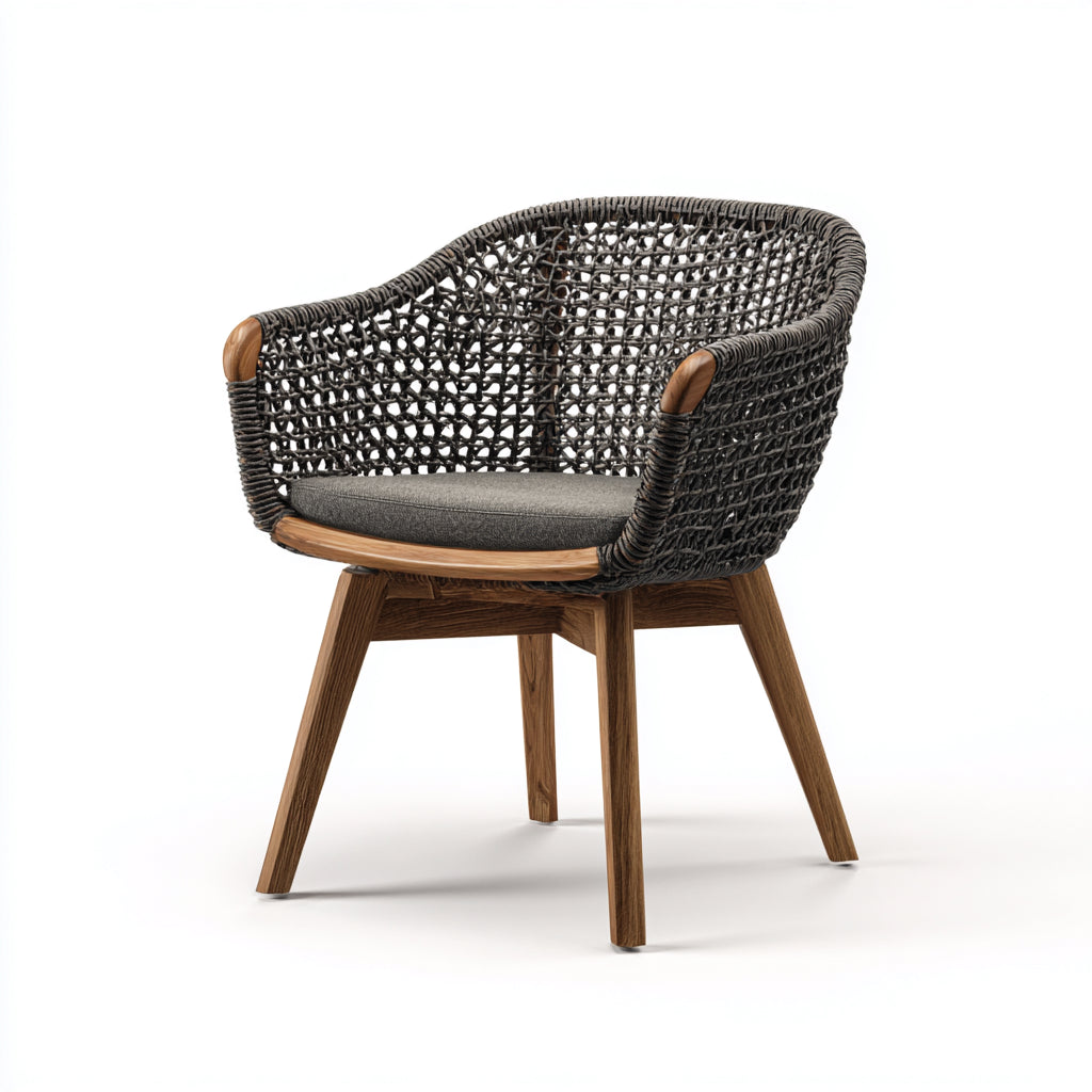 Poltrona da giardino-rattan-legno-tessuto-72x68x75 cm-grigio-marrone-stile contemporaneo