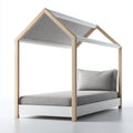 Letto per bambini-legno-MDF-tessuto-140x80x158 cm-bianco-naturale-grigio-stile casetta