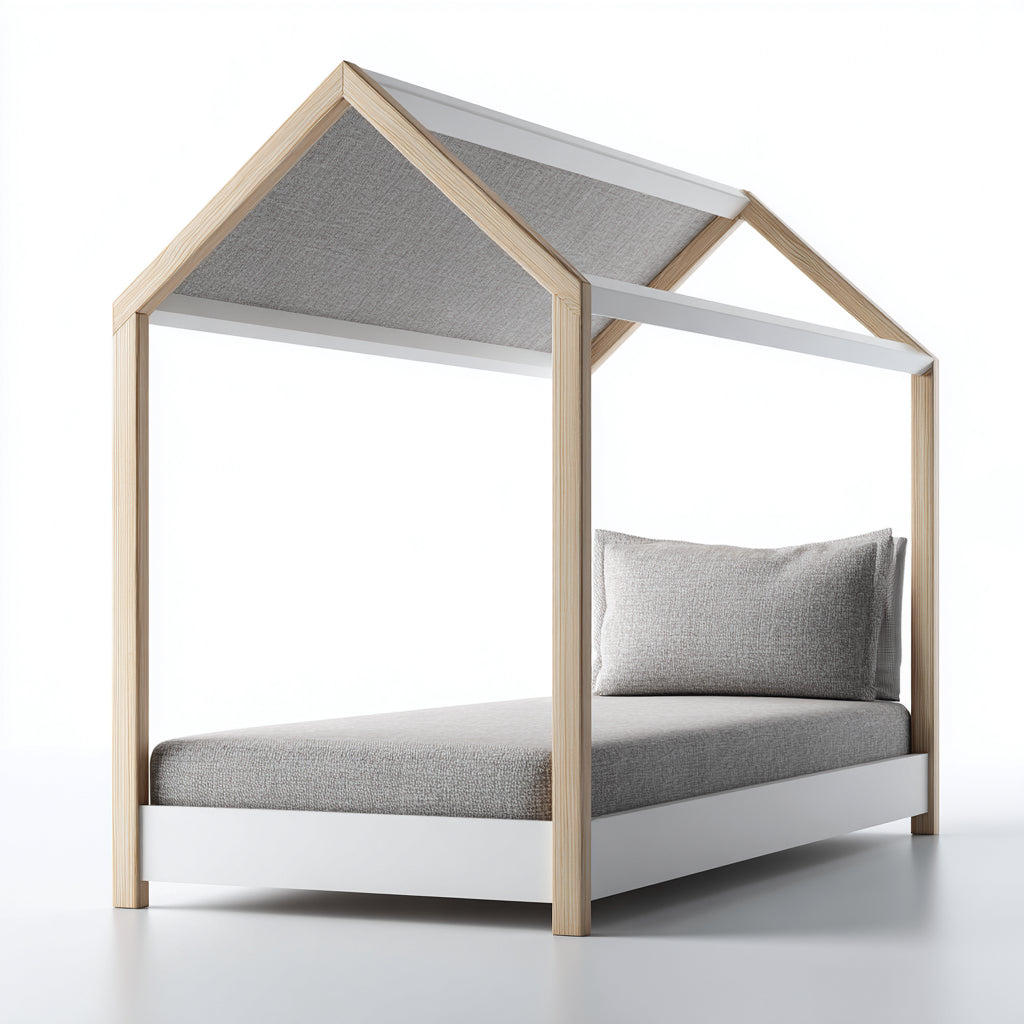 Letto per bambini-legno-MDF-tessuto-140x80x158 cm-bianco-naturale-grigio-stile casetta