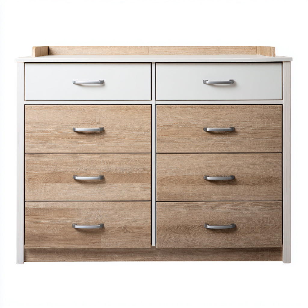 Cassettiera-MDF-Metallo-132x44x96 cm-Rovere naturale-Bianco-Argento-Moderno