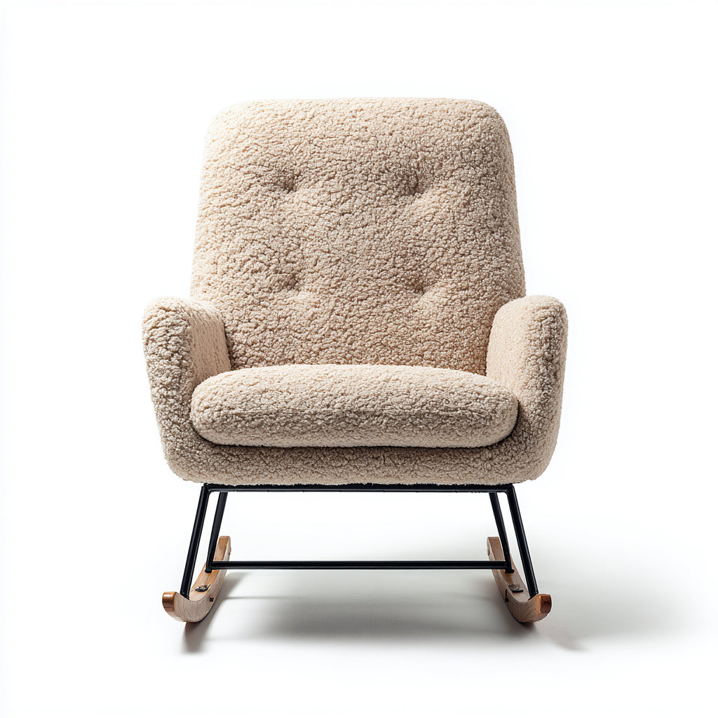 Sedia a dondolo-tessuto bouclé-metallo-legno-82x85x99 cm-beige-nero-marrone-stile rétro