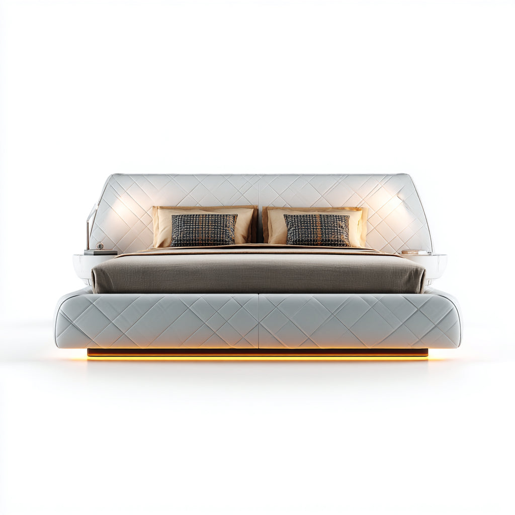 Letto matrimoniale-Ecopelle-220x205x105 cm-Bianco-Stile moderno con LED