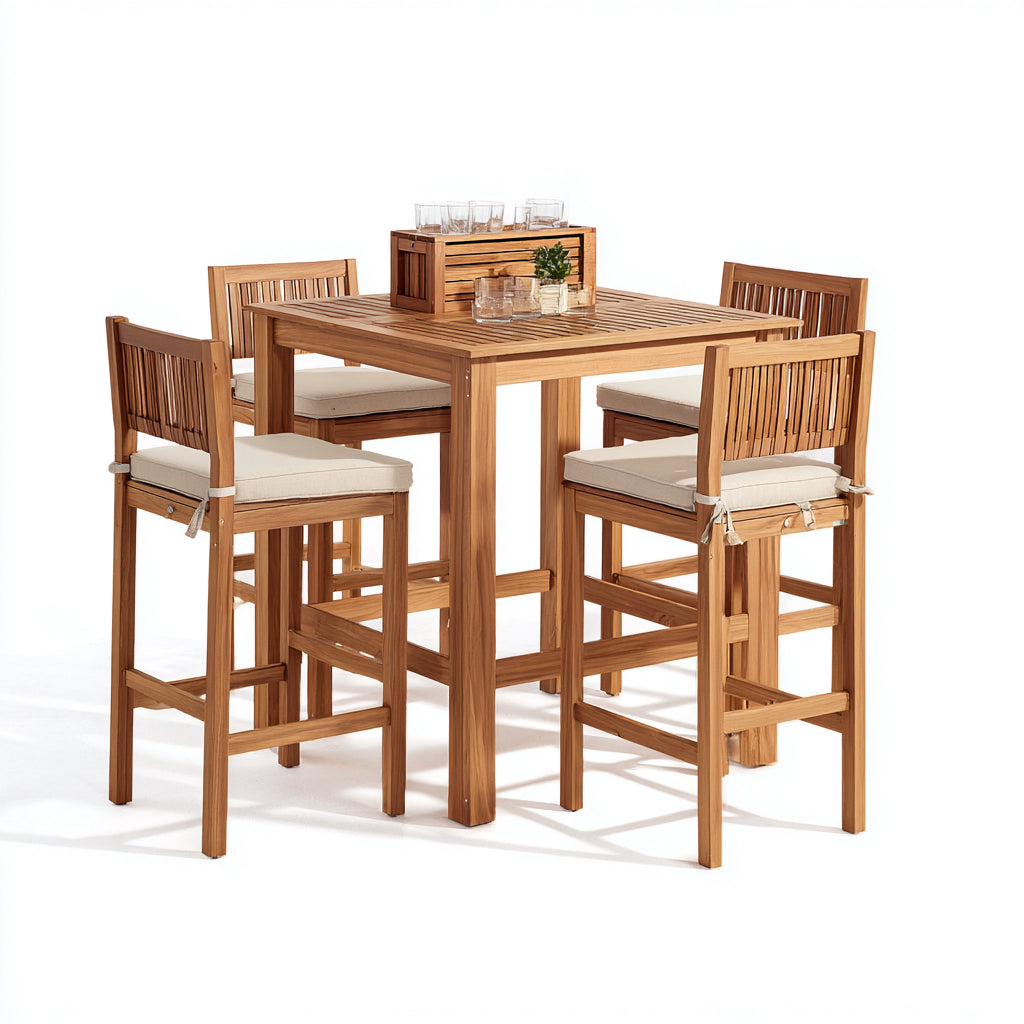 Set da pranzo da esterno - legno massello-tessuto - 120x120x105 cm - rovere naturale-beige - stile bar da terrazza