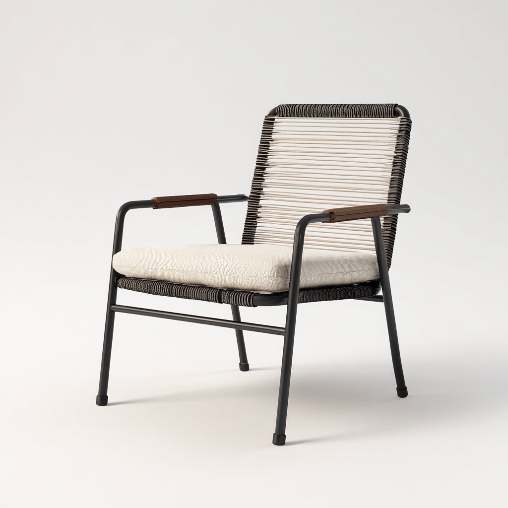 Poltrona da giardino - metallo - corda - tessuto - 72x76x83 cm - nero-beige-noce - stile contemporaneo